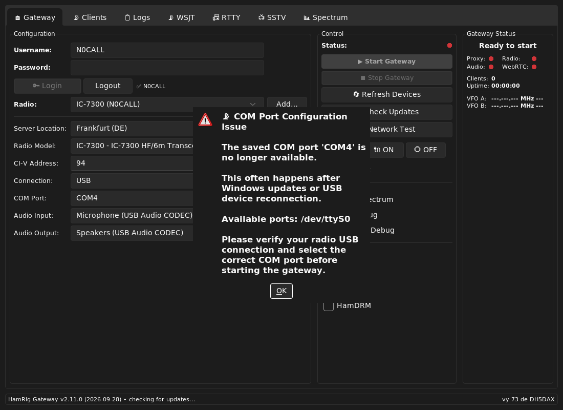 The COM Port Configuration Issue dialog