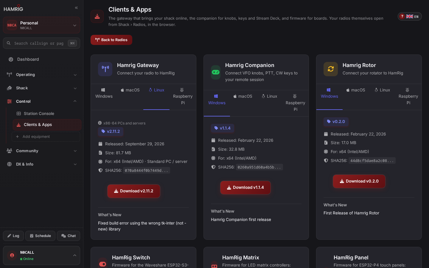 The Clients & Apps page with the HamRig Gateway download