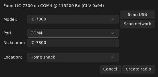 The dialog after Scan USB: Found IC-7300 on COM4